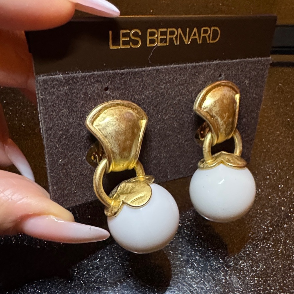 LES BERNARD Vintage Gold & White Door Knocker Clip-on Earrings